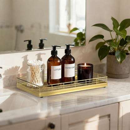 Bathroom Vanity Tray for Countertop, 12" x 6" Acacia Wood Toilet Tank Tray with Metal Guardrail, Bathroom Organizer for Soap, Perfume & Skincare, Non-Slip Decorative Tray for Dresser, Black & Acacia