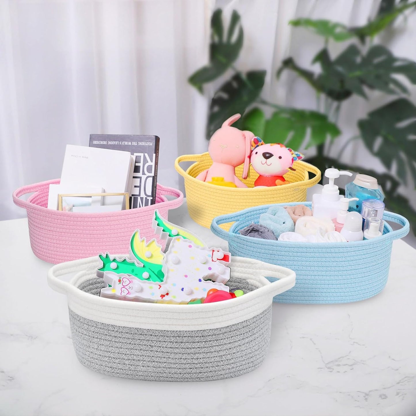 ABenkle Small Basket with Handles, Boho Decorative Rope Woven Dog Cat Toy Storage Bin Shelf Storage Organizer, Easter Christmas Gift Basket, 12"x8"x5", White