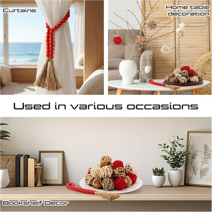 Halloscume 31 Pcs Wicker Rattan Decorative Balls with 30.3 Inch Wood Bead Garland Centerpiece Bowls Orbs Vase Fillers Wall Hanging Decor for Summer Home Farmhouse Wedding Party(Black)