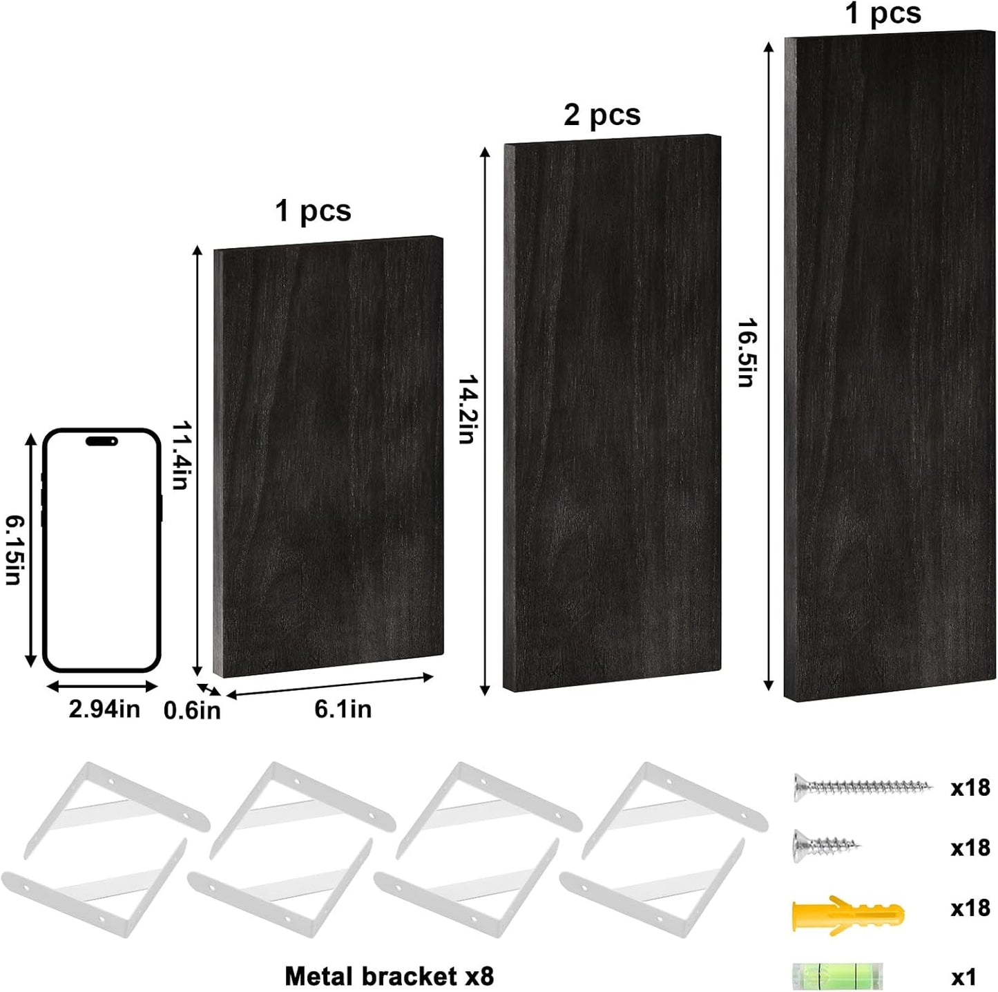 YGEOMER Floating Shelves for Wall, Different Sizes Dark Carbonized Brown Wall Shelves for Living Room, Bathroom, Bedroom, Kitchen, Home Decor (Set of 4)