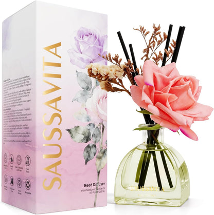 Reed Diffusers Set Flower Scented Diffuser for 140 Days, Flower Diffuser 8.5 fl oz with Dried Flowers and Decorative Rose, Long Lasting Home Fragrance with 10 Sticks for Bathroom, Shelf, Office Decor