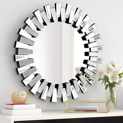 QDSSDECO Round Mirror Sunburst Wall Mirror 24" Beveled Edge Frameless for Living Room Bathroom Bedroom Entryway Decor