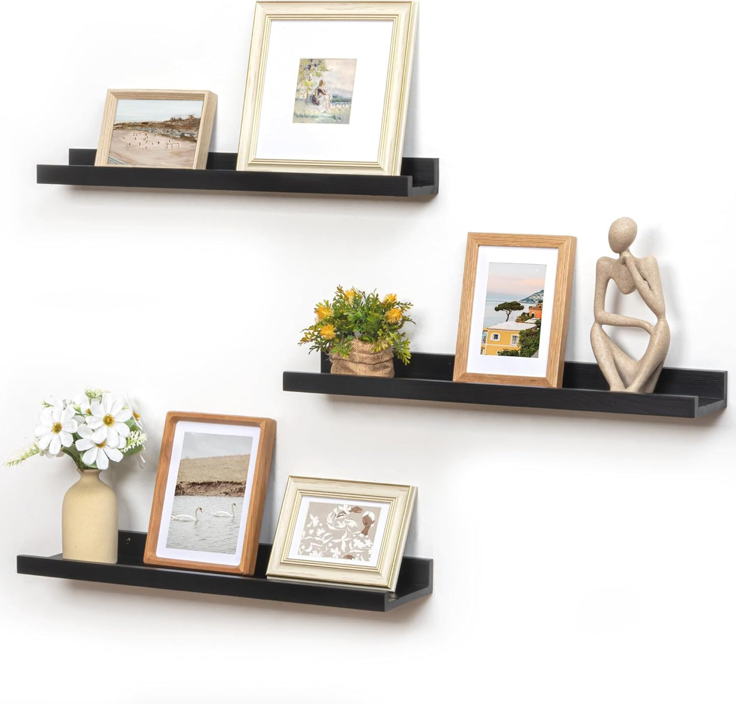 FLYJOE Picture Ledge Shelf, Floating Shelves Set of 2, Solid Pine Wood 55'' Long Large Nursery Book Shelves for Toys Storage, Kids Bookshelf for Living Room Bedroom Decor Books Photo Frames, Walnut