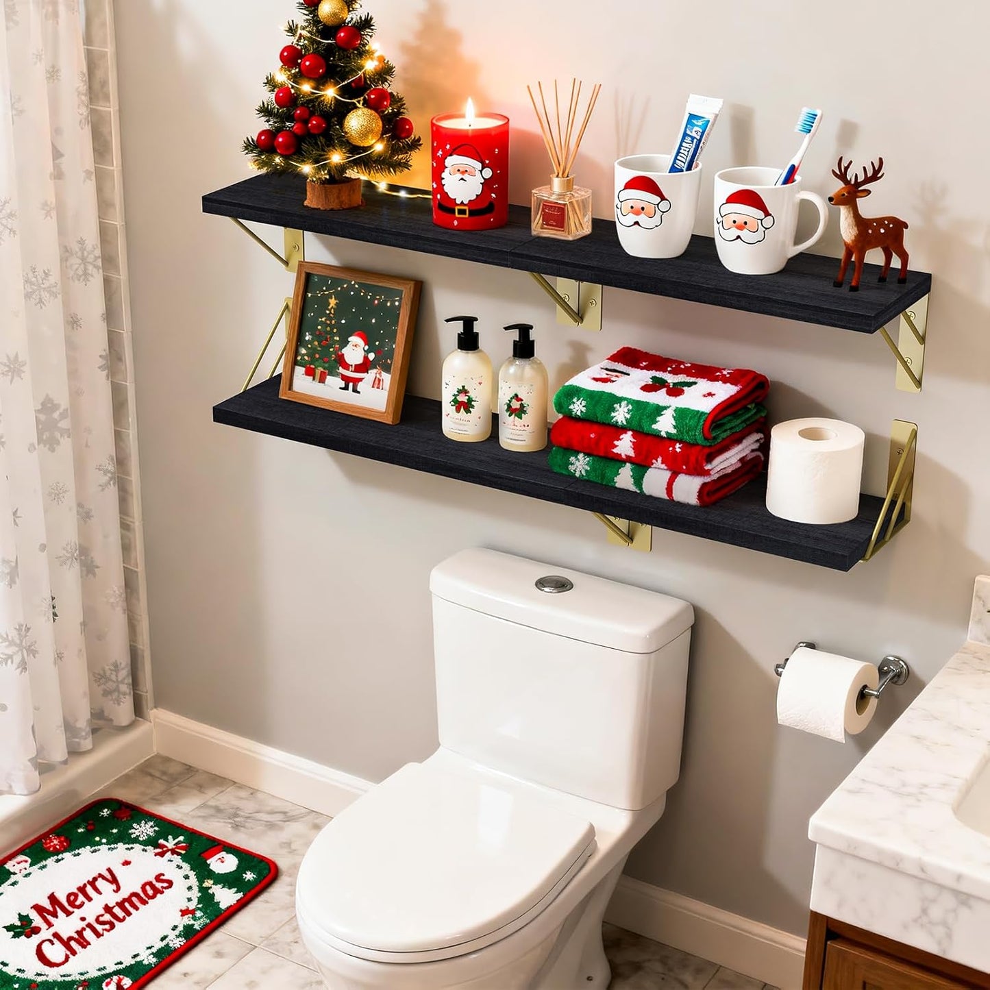 BAYKA Wall Mounted Floating Bathroom Shelves, Wood Wall Shelf for Bathroom Essentials & Decor, Space-Saving Display & Organizer (Black, Set of 4)