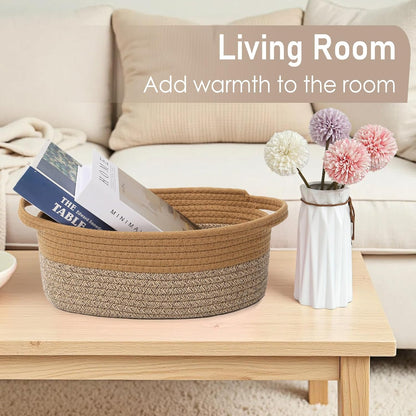 JMvicyroam Woven Basket,Small Rope Storage Bin with Handles & Ribbon Bag, Organizer for Shelves Closets,Gift Basket Empty for Birthday,Books,Dog Toys,White