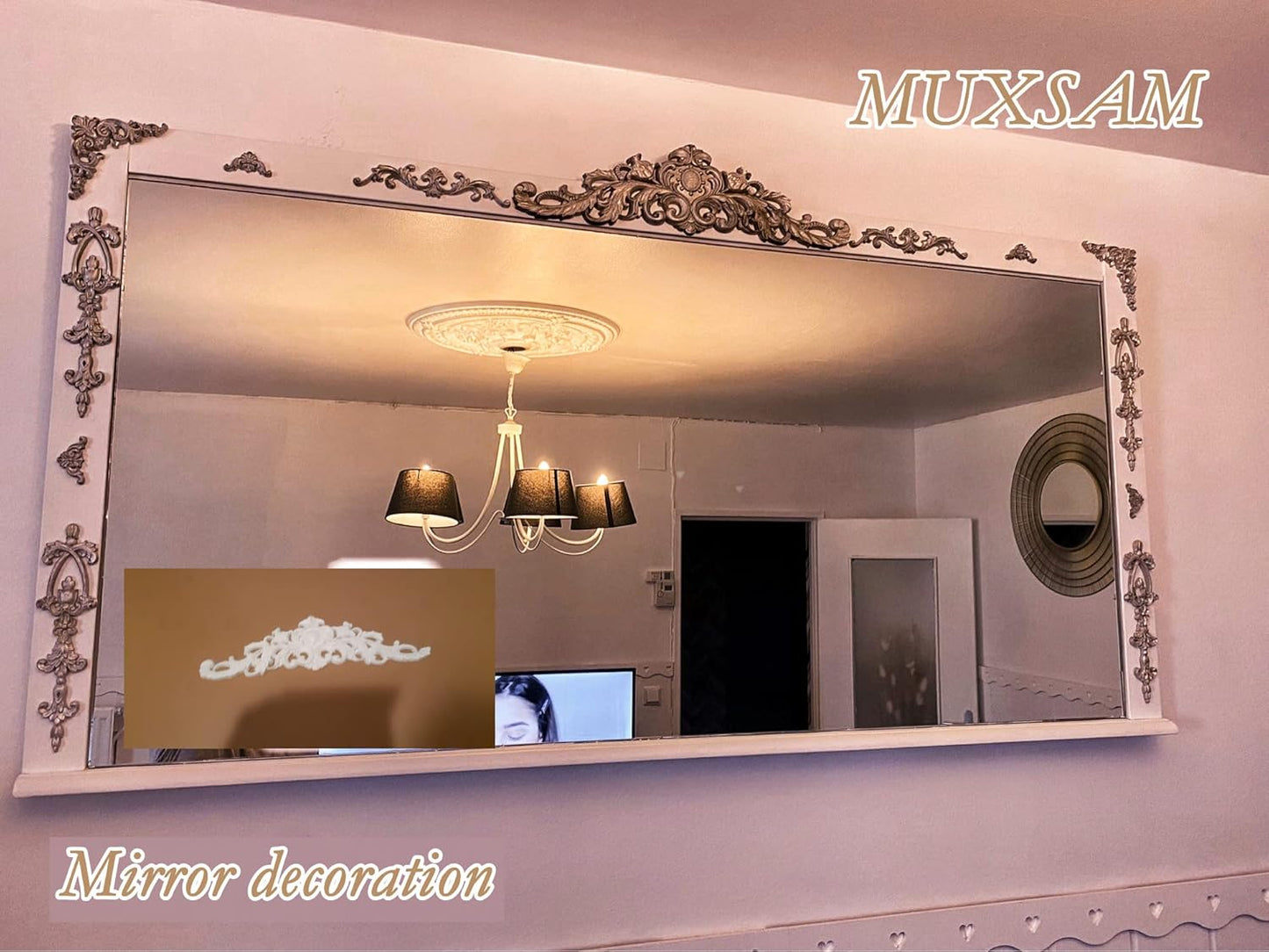 MUXSAM Long Wood Carved Appliques Onlays, 1-Pack Unpainted Decorative Corner Carving Decals Set for Wall Door Cabinet Mirror Closet Wardrobe Dresser Mantel Staircase DIY Project, 30x8cm/11.81"x3.15"