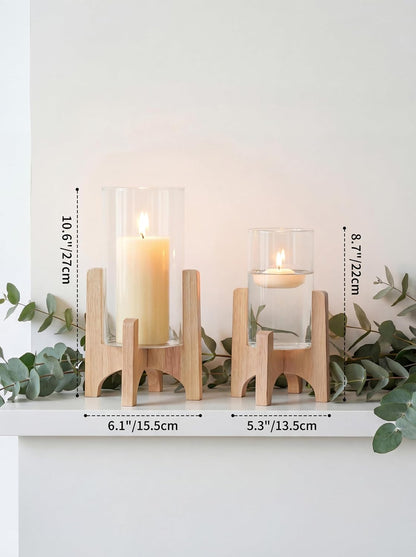 NUPTIO Hurricane Glass Candle Holders: Set of 2 Pillar Candle Holders with Wooden Stands - Mid Century Organic Modern Vases for Dining Table Centerpieces Decor