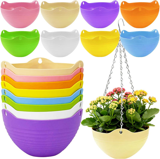 Bvrbaory 8 Pack Hanging Planter Pots,Self-Watering Flower Pot with Water Tray & Metal Chain,White Plastic Hanging Plant Pots for Indoor Outdoor Garden Decor,8 Inch