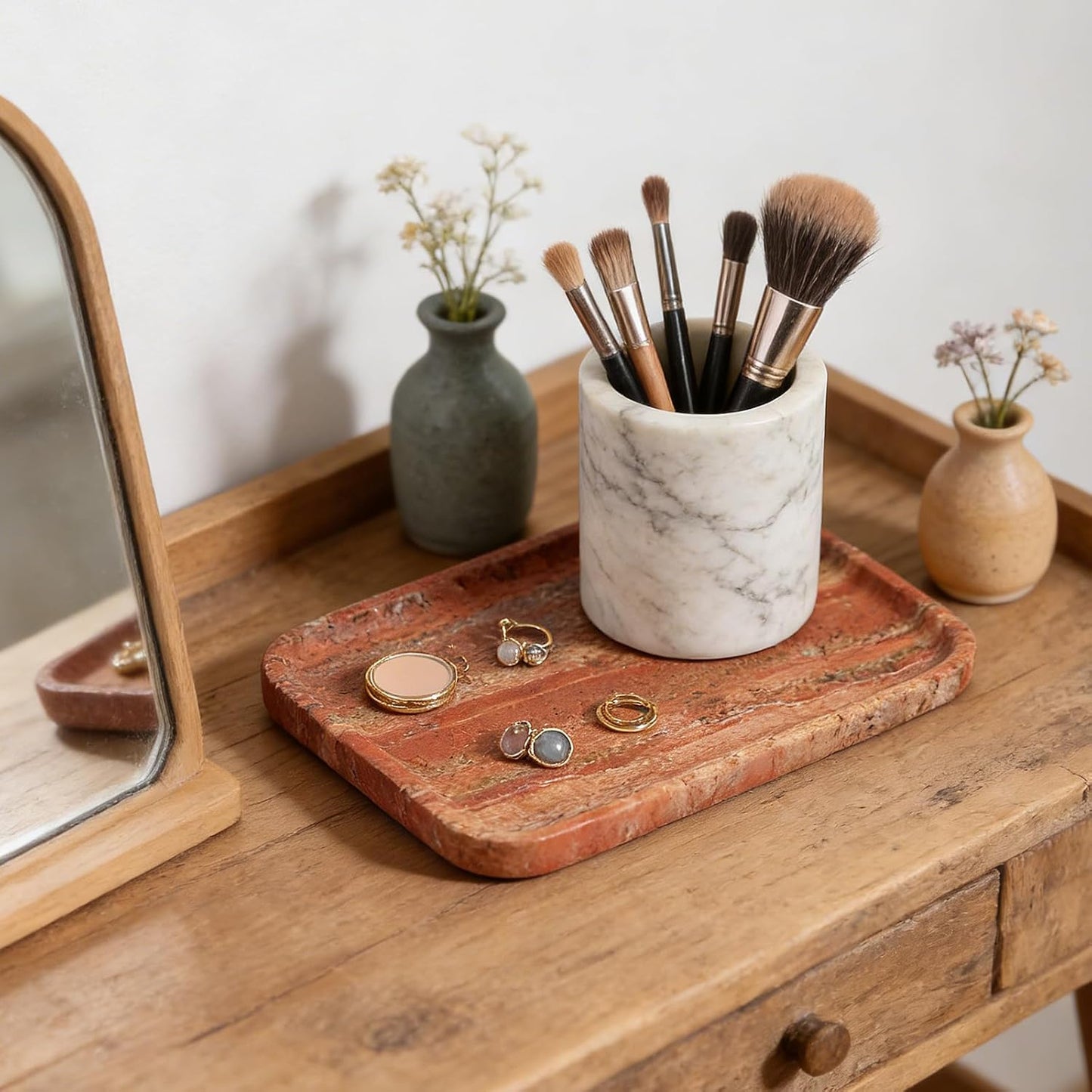 Koville Romano Travertine Tray, 12"x8" Natural Stone Vanity Tray for Countertop Bathroom Kitchen Dresser, Decorative Marble Catchall Trays for Perfume Jewelry, Rectangular Serving Tray(Beige)
