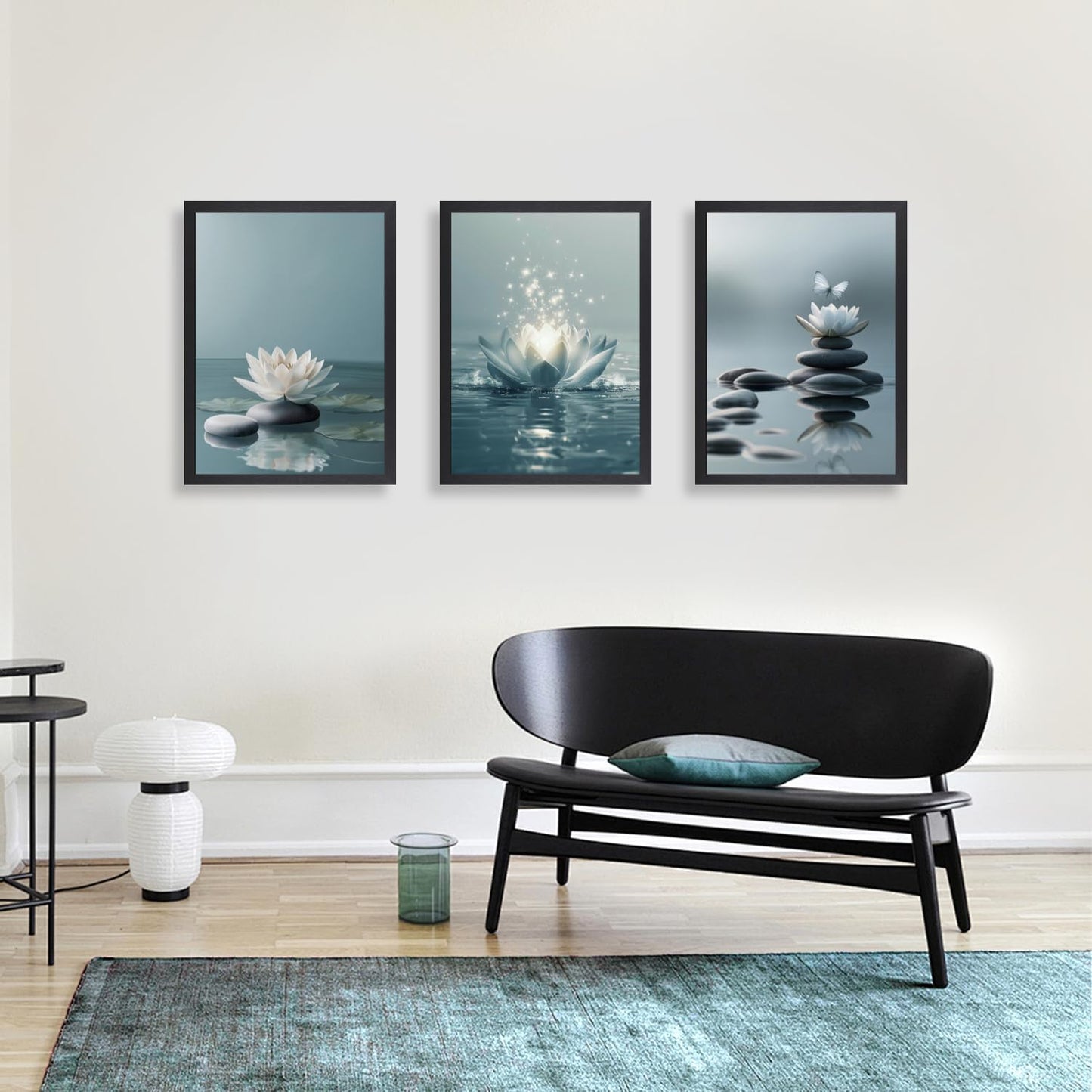 GELDSTEI Calm Zen Botanical Canvas Wall Art, White Lotus Blooming on Stones in Water Aesthetic Pictures, Yoga Spa Meditation Room Decor, Modern Spiritual Poster Prints for Zen Office Framed Set of 3, Each 12x16 Inch