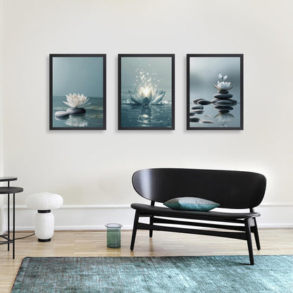 GELDSTEI Calm Zen Botanical Canvas Wall Art, White Lotus Blooming on Stones in Water Aesthetic Pictures, Yoga Spa Meditation Room Decor, Modern Spiritual Poster Prints for Zen Office Framed Set of 3, Each 12x16 Inch
