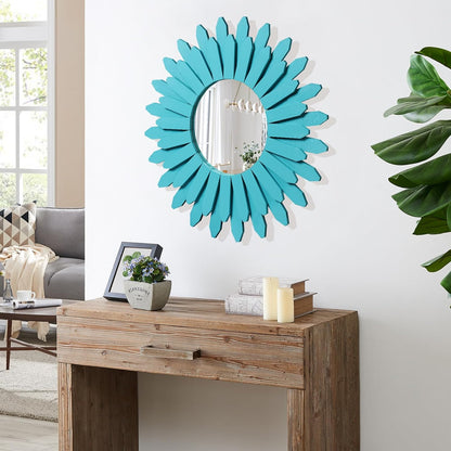 Honiway Wall Mirror Decorative 12 inch Rustic Wood Mirror Sunburst Boho Mirror for Entryway Bedroom Living Room Bathroom House Warming Gifts New Home Essential Carbonized Black