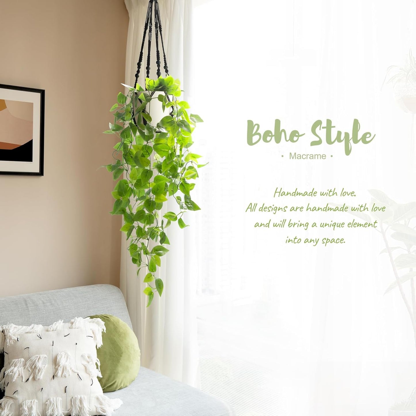 Mkono Fake Hanging Plant with Pot, Artificial Plants for Home Decor Indoor Macrame Plant Hanger with Fake Vines Greenery for Bedroom Bathroom Kitchen Office Decor, Ivory (Pothos)