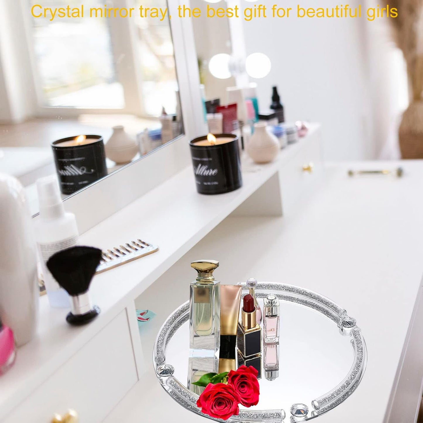 Crystal Glass Tray, Modern Mirror Jewelry Dresser Trinket Trays with Crushed Diamond, 11.8" x 7.9"Rectangular Makeup Perfume Tray for Bathroom Bedroom, Home Decor, Hotel Banquet, Party(Silver)