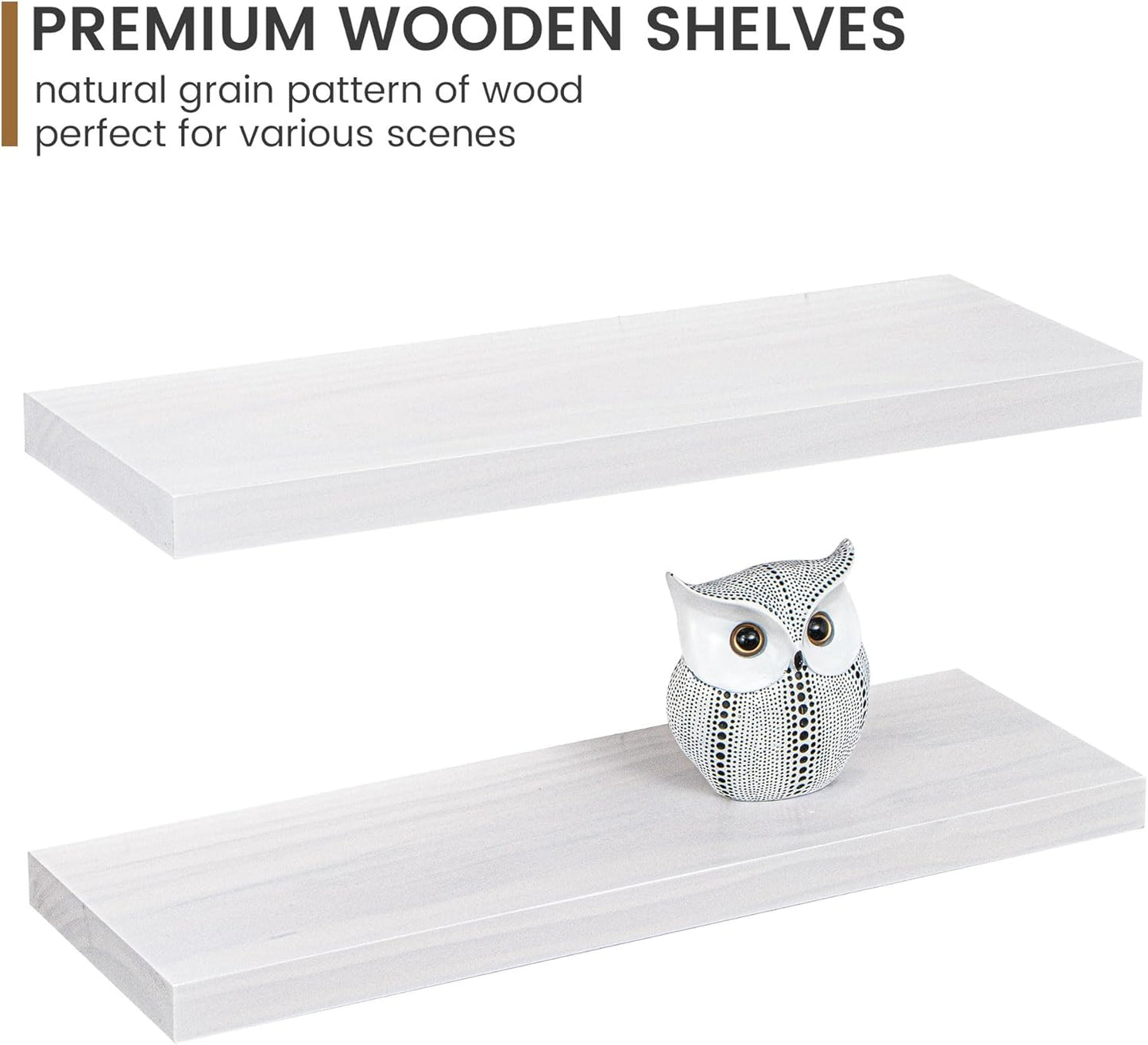 Floating Shelves 36 Inches Long - 8 Inch Deep Rustic Premium Solid Pine Wood for Storage - Farmhouse Wall Mounted for Living Room - Heavy-Duty Metal Bracket - 36" W x 8" D - Set of 2 - White Color