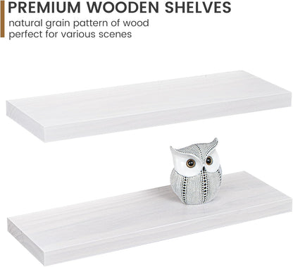 Floating Shelves 36 Inches Long - 8 Inch Deep Rustic Premium Solid Pine Wood for Storage - Farmhouse Wall Mounted for Living Room - Heavy-Duty Metal Bracket - 36" W x 8" D - Set of 2 - White Color