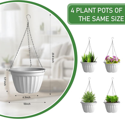 FGstyle Hanging Planters 10 Inch, 4 Pcs Self Watering Pots for Indoor Plants,Plastic Hanging Basket with Soil Elevator and 20" Chain for Home Garden Porch Balcony Patio Decor(Black)