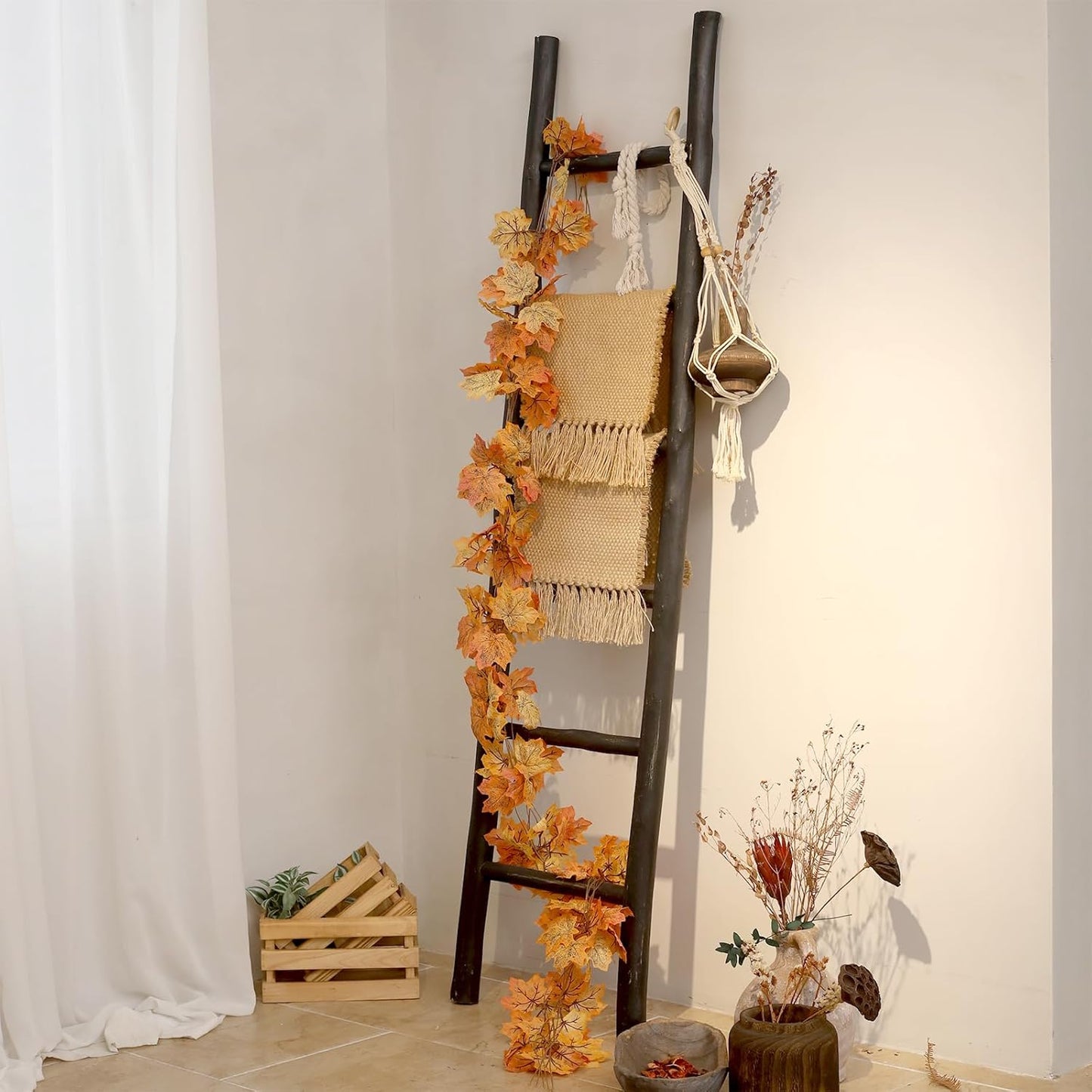 FUIN 57in Wood Blanket Ladder Living Room Decorative Wall Leaning Farmhouse Quilt Display Holder Rustic Wooden Towel Rack for Bathroom, Brown