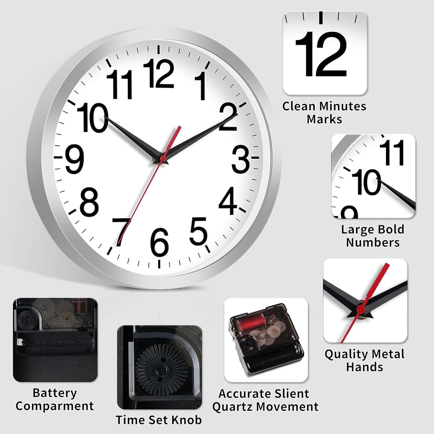 Rohioue Wall Clock Modern 8 Inch Battery Operated Silent Non Ticking Small Analog Clock for Living Room Office Home Bedroom Kitchen Bathroom(Black)