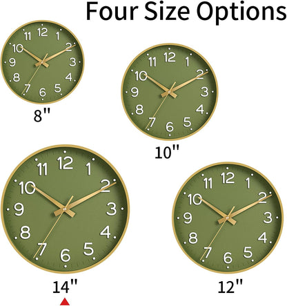 Roymnie Wall Clock Green, Silent Wall Clocks Battery Operated 8 Inch-Modern Non Ticking Analog Clock Decorative for Kitchen Office Bathroom Bedroom(Gold)
