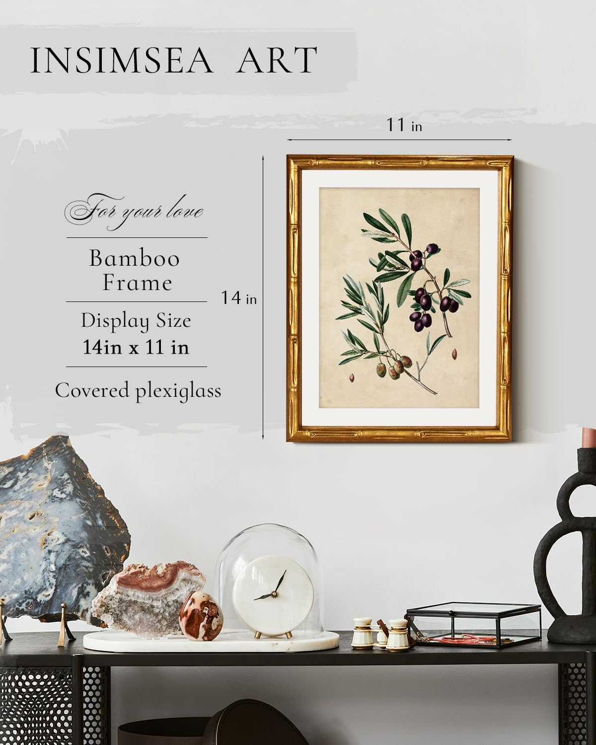 InSimSea Gold Bamboo Framed Canvas Wall Art, Retro Blue Hydrangea Botanical Prints, Antique Flowers Picture Frame with Mat, Victorian Home Wall Decor for Kitchen Living Room Bedroom, 11x14inch