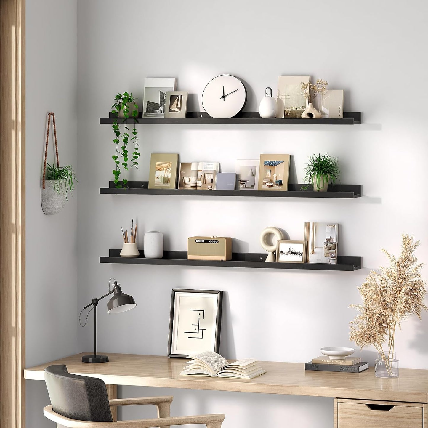 HOOBRO Floating Shelves, Wall Shelf Set of 3, 35.4 Inches Hanging Shelf with Raised Edge and Invisible Brackets, for Bathroom, Bedroom, Kitchen, Office, Living Room Decor, Rustic Brown BF90BJ01