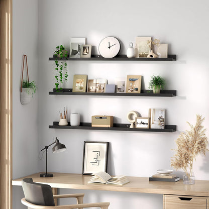 HOOBRO Floating Shelves, Wall Shelf Set of 3, 35.4 Inches Hanging Shelf with Raised Edge and Invisible Brackets, for Bathroom, Bedroom, Kitchen, Office, Living Room Decor, Rustic Brown BF90BJ01