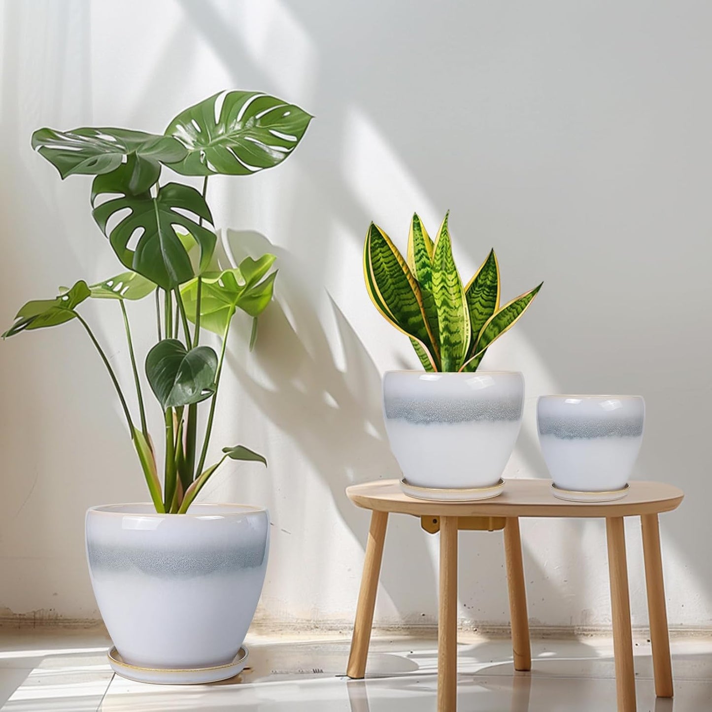 Plant Pots Indoor, Ceramic Planters Pots with Drainage Holes and Saucers, 10+8+6 Inch, Set of 3, Round Large Flower Pots for Indoor Outdoor Plants, Blue