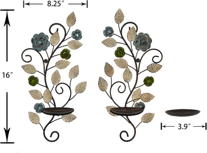 Wall Sconces Candle Holder Set of 2, Antique Multi-Color Leaf Branch Wall Mount Hanging Metal Wall Candle Holder Candle Sconce for Living Room Dining Room…