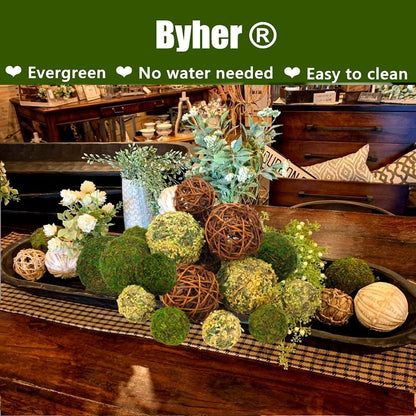 Decorative Balls for Centerpiece Bowls, 18pcs Fake Moss Balls + Wicker Rattan Balls Set Vase Bowl Filler for Home Garden Wedding Party Decor (Fresh Green + Rustic Brown)