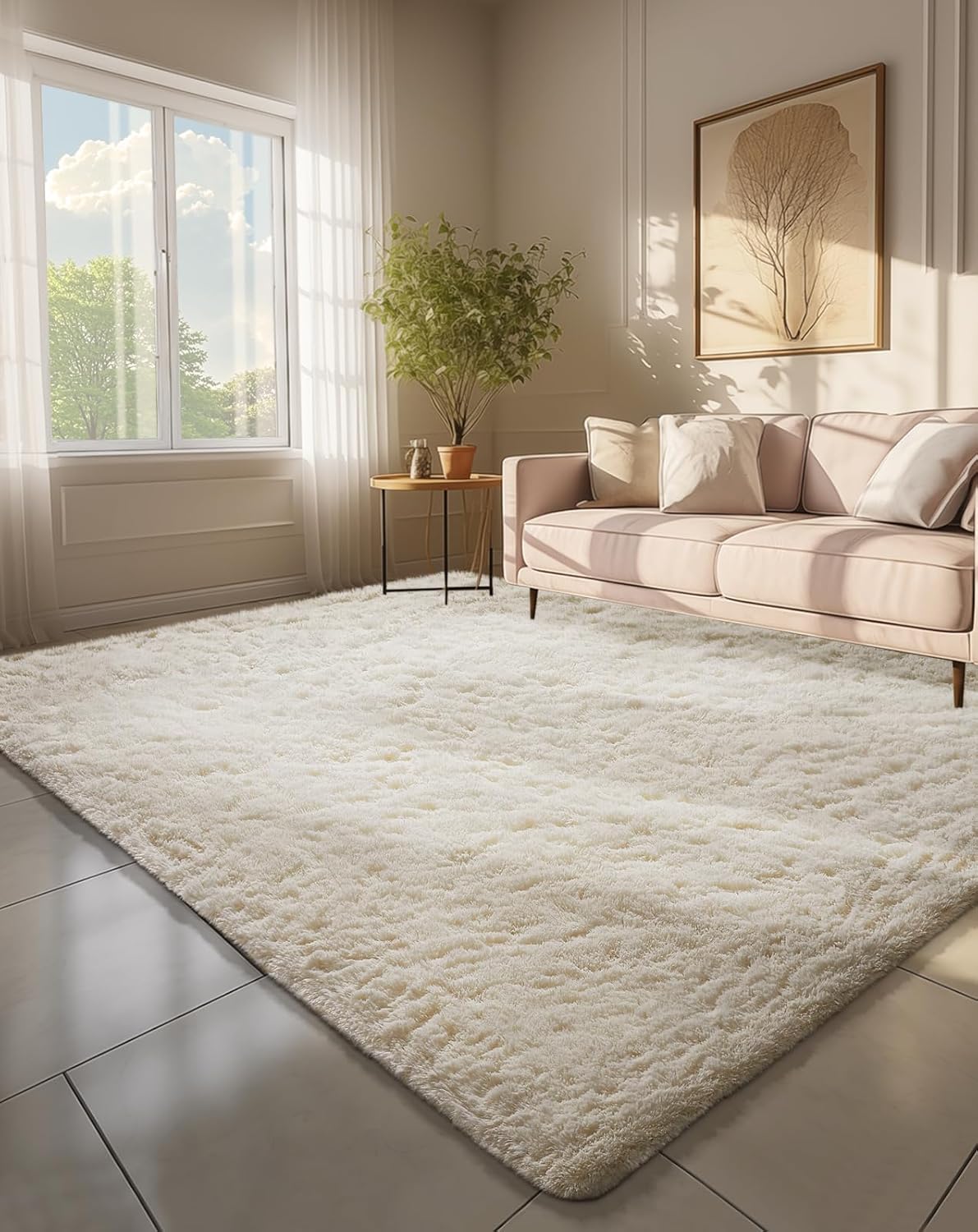 Ophanie Round Rugs 5Ft Ivory Circle Area Rug, Nursery Room Decor, Christmas Aesthetic Bedroom Home Circular Carpet 5 Foot, Fluffy Fuzzy Shag Plush Cream Living Room Rugs for Kids Boys Girls Teen Baby