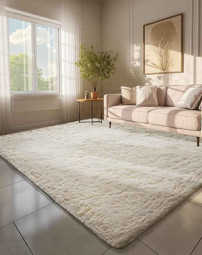Ophanie Round Rugs 5Ft Ivory Circle Area Rug, Nursery Room Decor, Christmas Aesthetic Bedroom Home Circular Carpet 5 Foot, Fluffy Fuzzy Shag Plush Cream Living Room Rugs for Kids Boys Girls Teen Baby