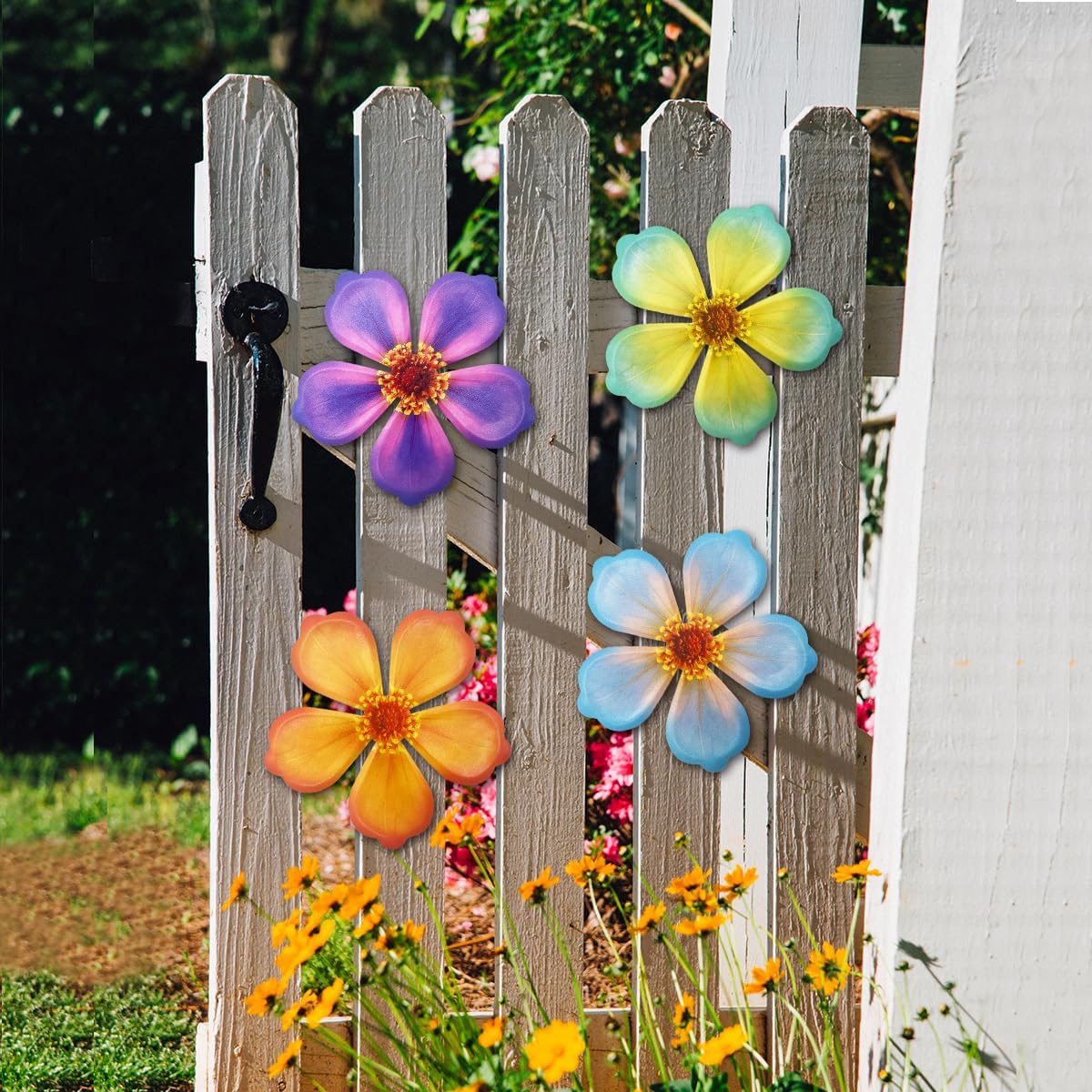 Giyyomtr Metal Flowers Wall Decor - 4pcs 6.2'' Metal Wall Art Hanging Decorations for Outdoor Fence Garden Yard Patio Exterior Wall Decor
