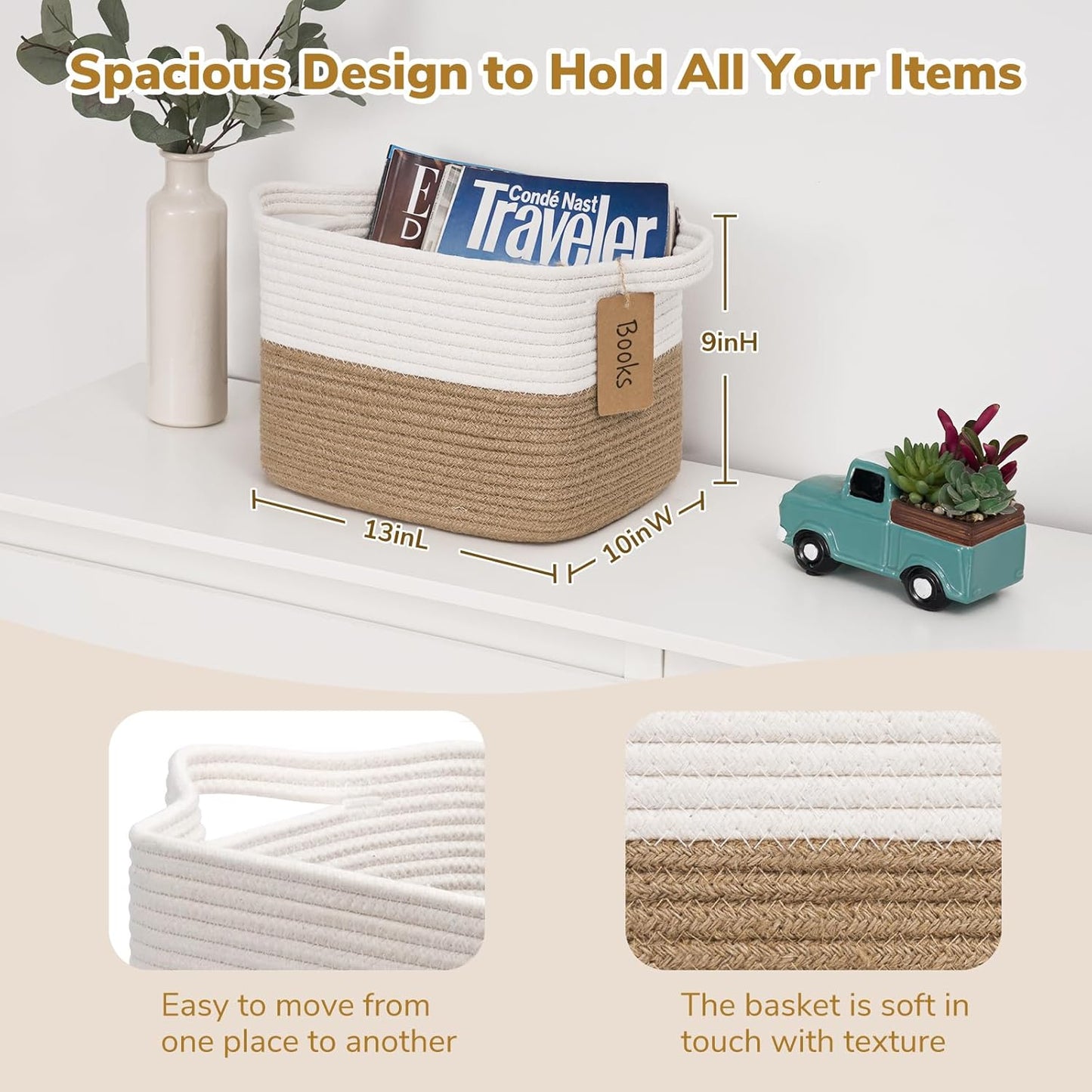 Goodpick Woven Storage Basket, Cotton Rope Basket for Dog Toys, Books, Stylish Gift Basket with Handles, 13 x 10 x 9 Inches Square Baskets for Organizing, Brown and White
