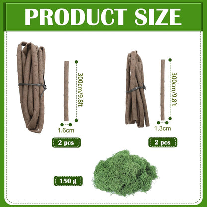 Janinka 4 Pcs 118in Large Bendable Artificial Tree Branches with Moss Enchanted Forest Decorations DIY Jungle Climber Vines Fake Moss Jungle Party Decor for Garden Landscape Reptile Habitat Decor
