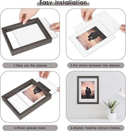 MUYE 11x14 Floating Frame Set of 2,Double Glass Rustic Frame,Display Any Size Photo up to 11x14,Wall Mount or Tabletop Standing,Natural