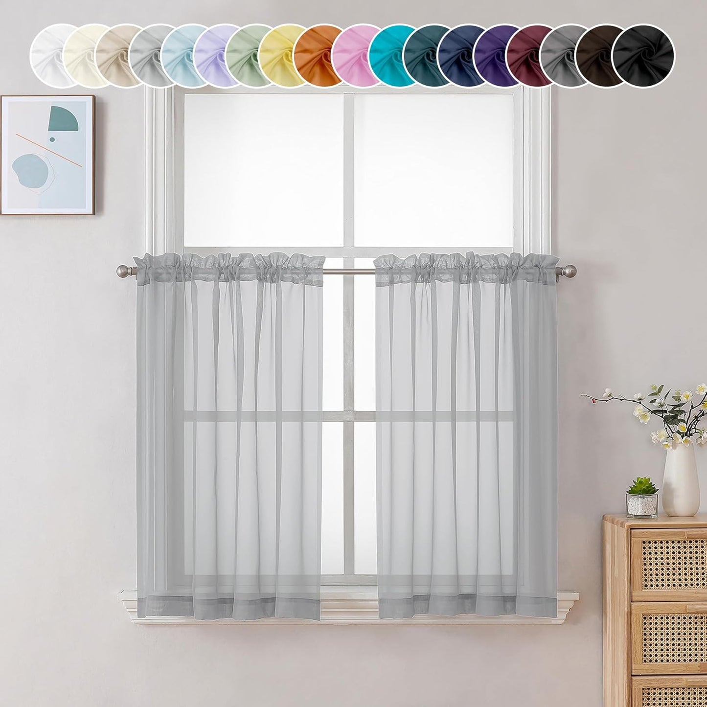 Chyhomenyc Sheer White Valances for Windows 2 Pack, Small Window Curtains for Living Room Bathroom Cafe Laundry Basement, Modern Top Dual Rod Pocket Voile Curtain, 42W x 14L inches, White - Colors B