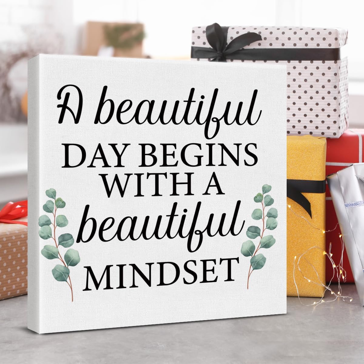 Inspirational Farmhouse Canvas Print Wall Art Decor One Small Positive Thought in the Morning Can Change Your Whole Day Sign Painting Plaque Rustic Home Decoration (8 X 8 Inches, Framed)