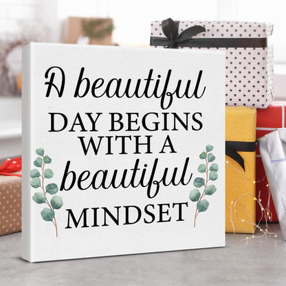 Inspirational Farmhouse Canvas Print Wall Art Decor One Small Positive Thought in the Morning Can Change Your Whole Day Sign Painting Plaque Rustic Home Decoration (8 X 8 Inches, Framed)