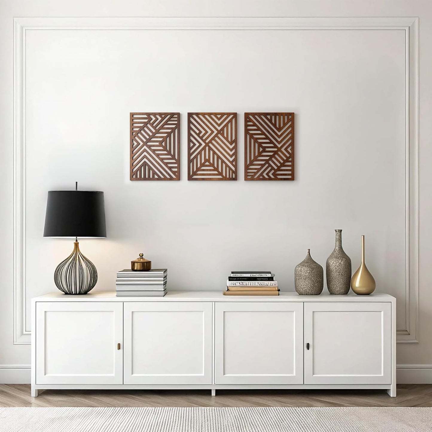 qmmp Modern Wooden Wall Sculptures - Set of 3 - Home Decor Accent - Large Wall Art for Living Room, Bedroom, Office - Easy Installation (Oak, Medium - Mountain and Sun)