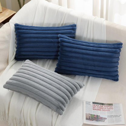 Pallene Faux Fur Plush Throw Pillow Covers 18x18 Set of 2, Luxury Soft Fluffy Striped Decorative Pillow Covers for Sofa, Couch, Living Room, Cream White