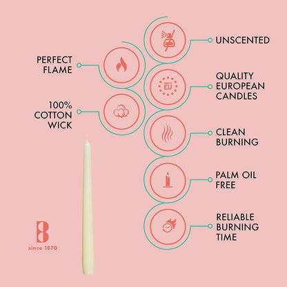 BOLSIUS Ivory Taper Candles - 10 Pack Unscented 10 Inch Dinner Candle Set - 8 Hours Burn Time - Premium European Quality - Smokeless and Dripless Household, Wedding, Party, and Home Décor Candlesticks