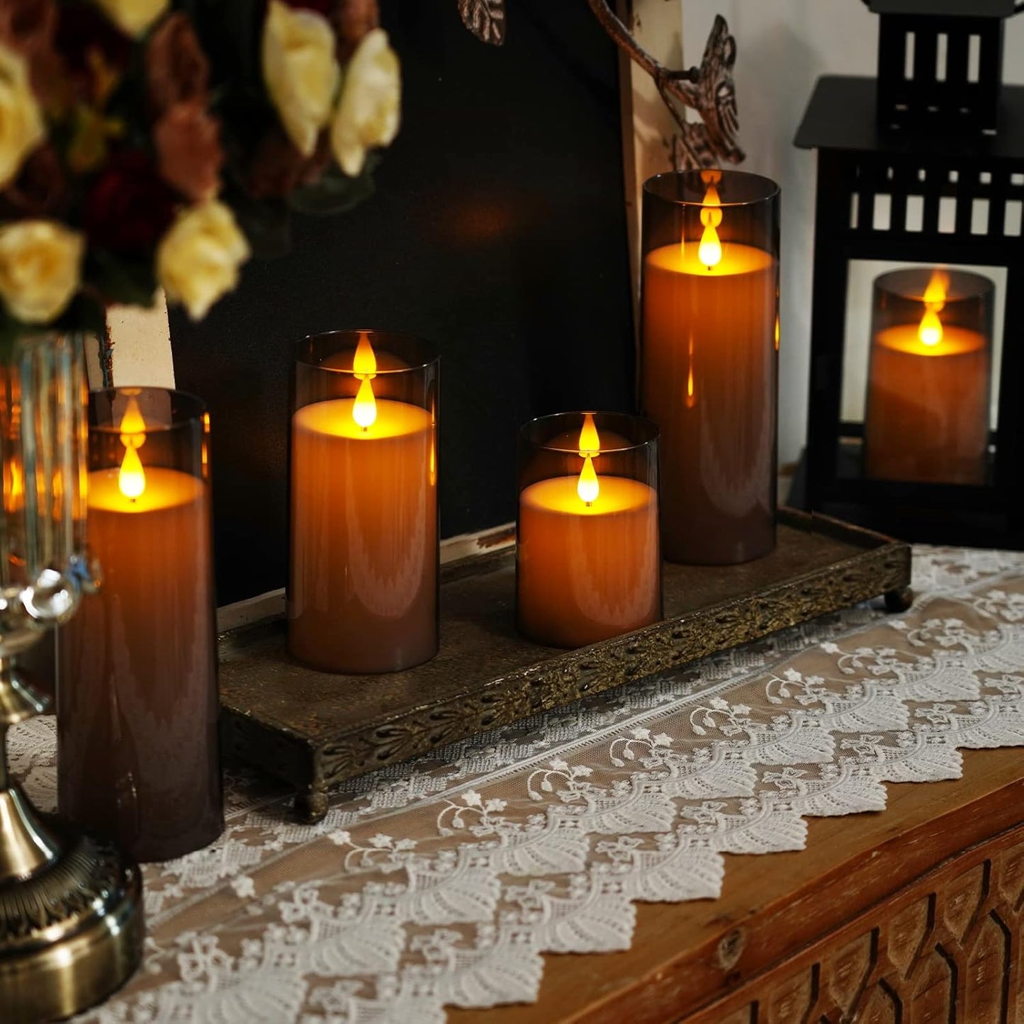 Homemory Gray Flickering Flameless Candles, Battery Operated Acrylic LED Pillar Candles with Remote Control and Timer, Halloween Decor, Set of 5