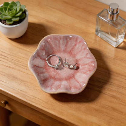 Pink Flower Ring Dish Holder,Jewelry Dish Tray,Small Trinket Tray,Jewelry Plate Bowl,Key Bowl,Decorative Plate,Mothers Day Birthday Gifts for Women Friends,Ceramic Kiln effect White