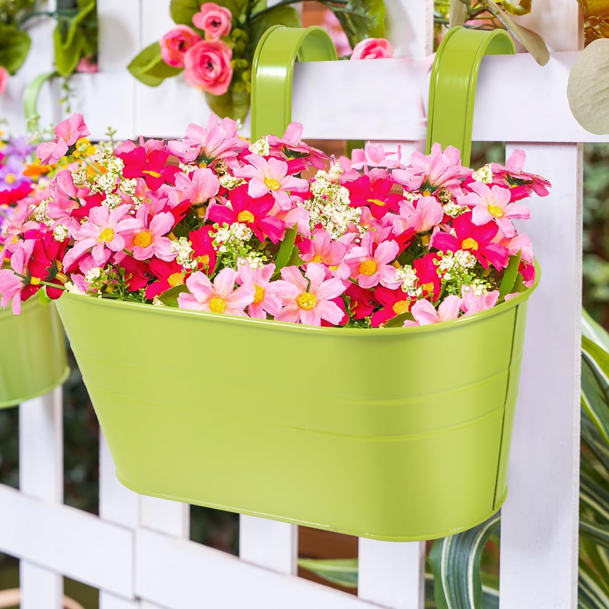 OBTANIM 4 Pack Metal Hanging Flower Pots Iron Railing Planter Outdoor Fence Hanging Pots Bucket Plant Holder with Detachable Hooks Drain Holes for Home Garden Yard Decor (Black)