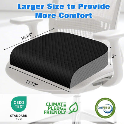 Seat Cushion, Memory Foam Chair Pad for Sciatica & Hip Pain Relief, Non-Slip Cushion for Office, Home, Car, Large Desk Chair Cushion, Washable Cover & Handle, Large, Black