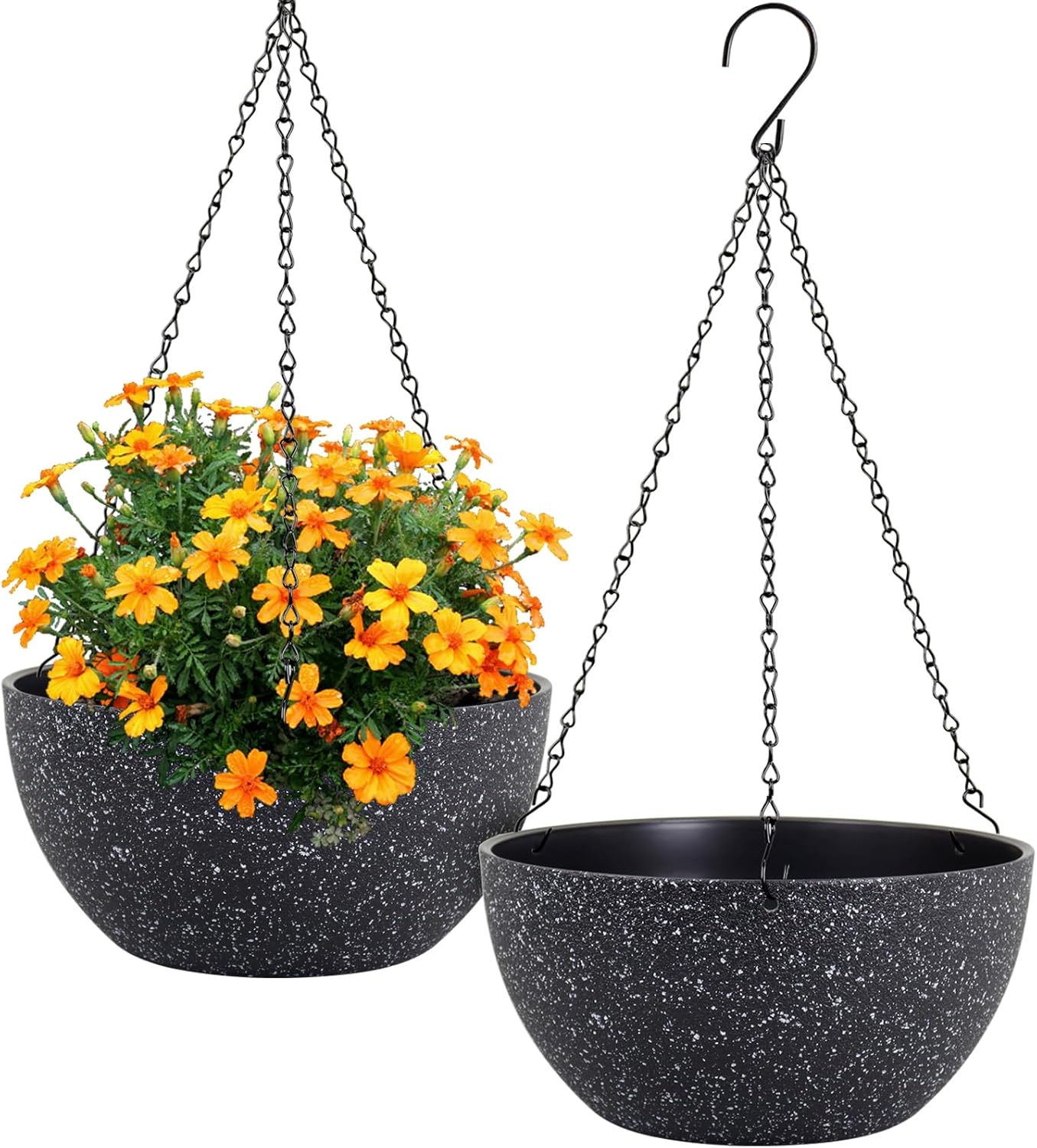 Meowell 10 inch Hanging Planters for Indoor Outdoor Plants, 2 Pack Hanging Flower Pots with Drainage Holes and Chain for Garden Porch, Plastic Hanging Baskets for House Plants, Speckled Grey