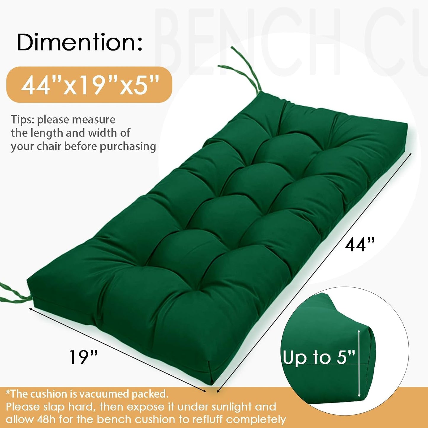 MTMR Outdoor Bench Cushion-44X19 Water-Repellent Tufted Porch Swing Cushions with High Elasticity PP Cotton and Ties Fade-Resistant Patio Outdoor Chair Cushion for Bench Furniture, Indoor Seat Cushion