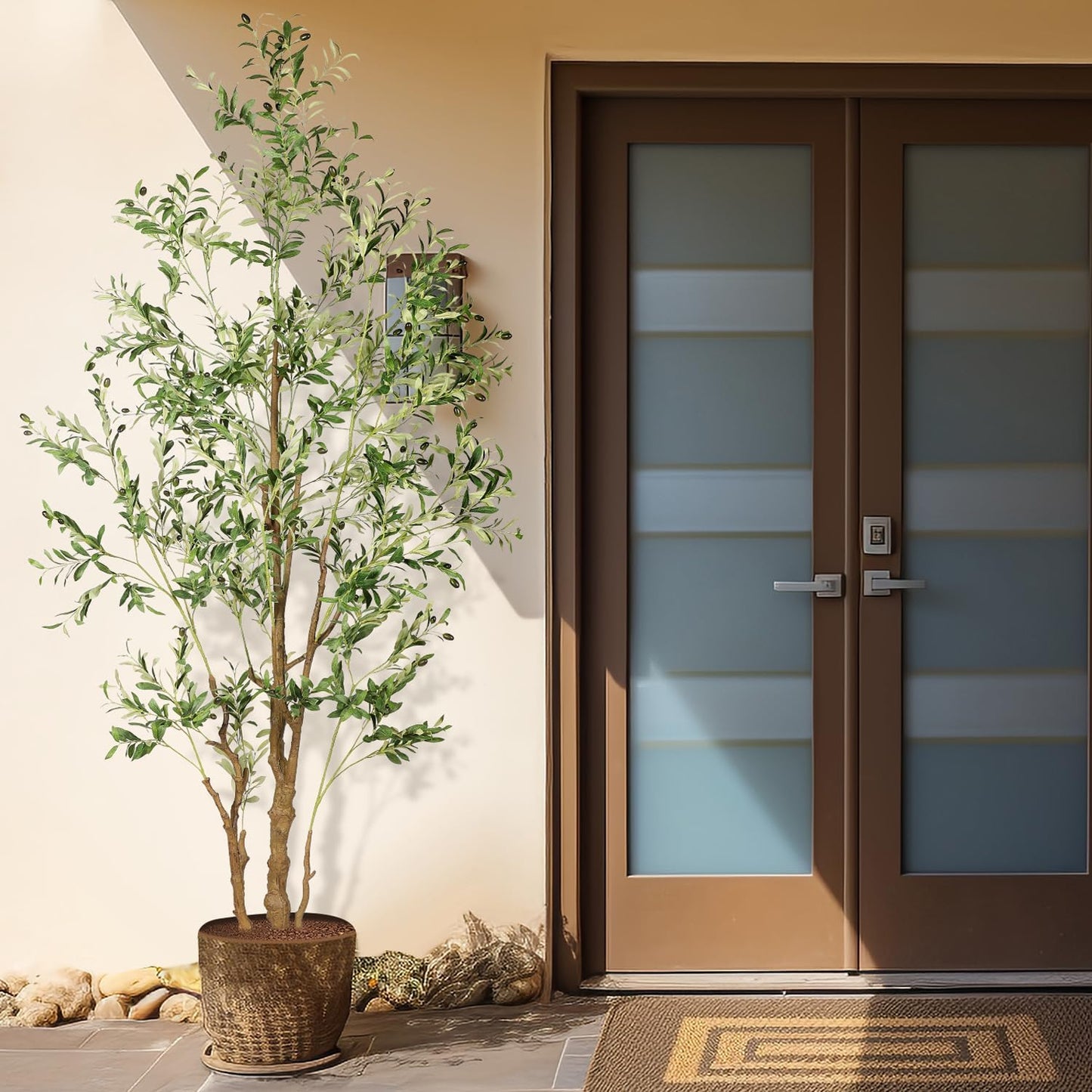 OXLLXO 7.2ft Artificial Olive Tree (85in) with Plastic Nursery Pot Faux Olive Silk Tree, Fruits Fake Plant for Office House Farmhouse Living Room Home Decor (Indoor/Outdoor)