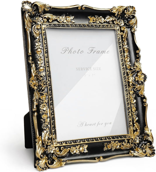 Cuspin 5x7 Picture Frame, Ornate Vintage Gold Photo Frame with Glass Front, Resin Ginkgo Leaf Textured Picture Frames for Tabletop or Wall Mount, Horizontal or Vertical - Colors A